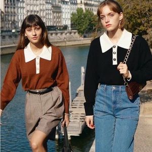 Simple Retro Selena Polo Contrast Collar BROWN SMALL